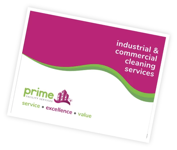 Prime Facility Services marketing material: Industrial and commercial cleaning services, featuring a magenta and green color scheme.