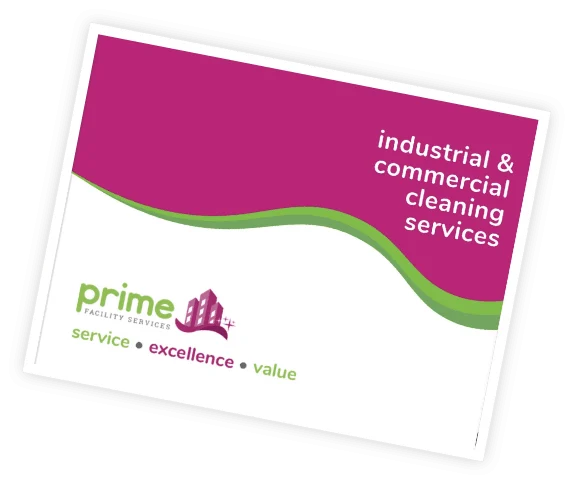 Prime Facility Services marketing material: Industrial and commercial cleaning services, featuring a magenta and green color scheme.