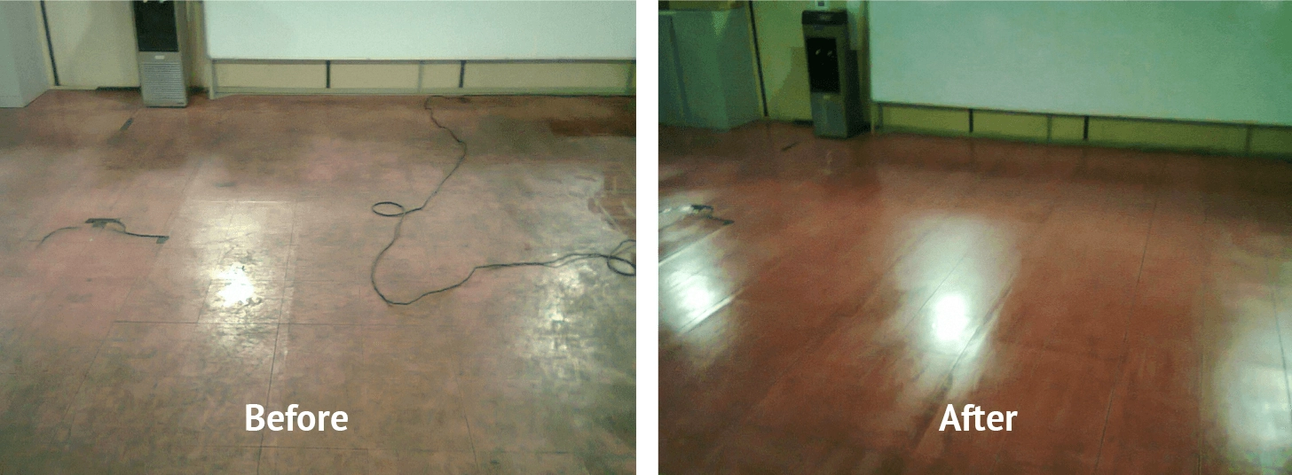 Before-and-after comparison of a hard floor cleaning, with the left image showing the dull, scuffed, and dirty floor, and the right image showing the same floor gleaming and polished. A water cooler stands in the background of both images. The word "Before" appears at the bottom of the left image and "After" at the bottom of the right image. A power cord is visible on the floor in both images.