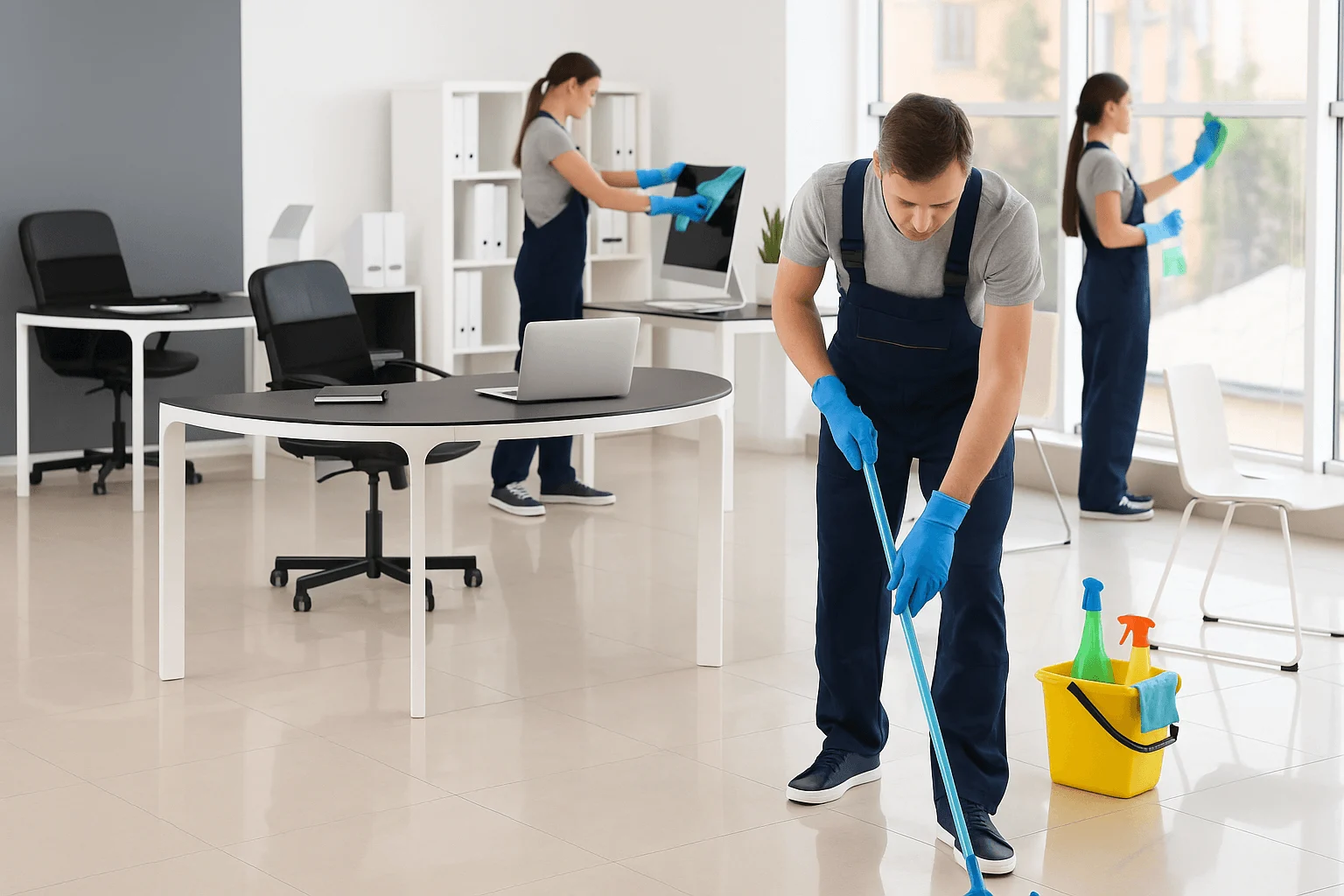 Three cleaning staff in a modern office. A man in the foreground mops the floor with blue gloves. A yellow bucket with cleaning supplies sits next to him. In the background, two women in uniform clean a computer screen and a large window. Office furniture includes black desks, black office chairs, a laptop, and a white bookshelf.