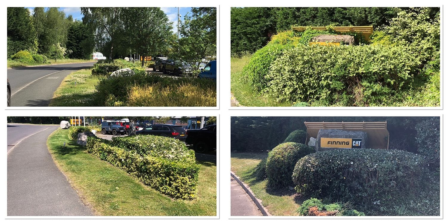 Four-panel image showing landscaping before and after groundcare maintenance at a Finning CAT location. Top left panel shows overgrown vegetation and unkempt grass near a parking lot. Top right panel shows a plant covered sign. Bottom left panel shows manicured hedge and mowed lawn. Bottom right panel shows a well-maintained sign with the words Finning CAT.